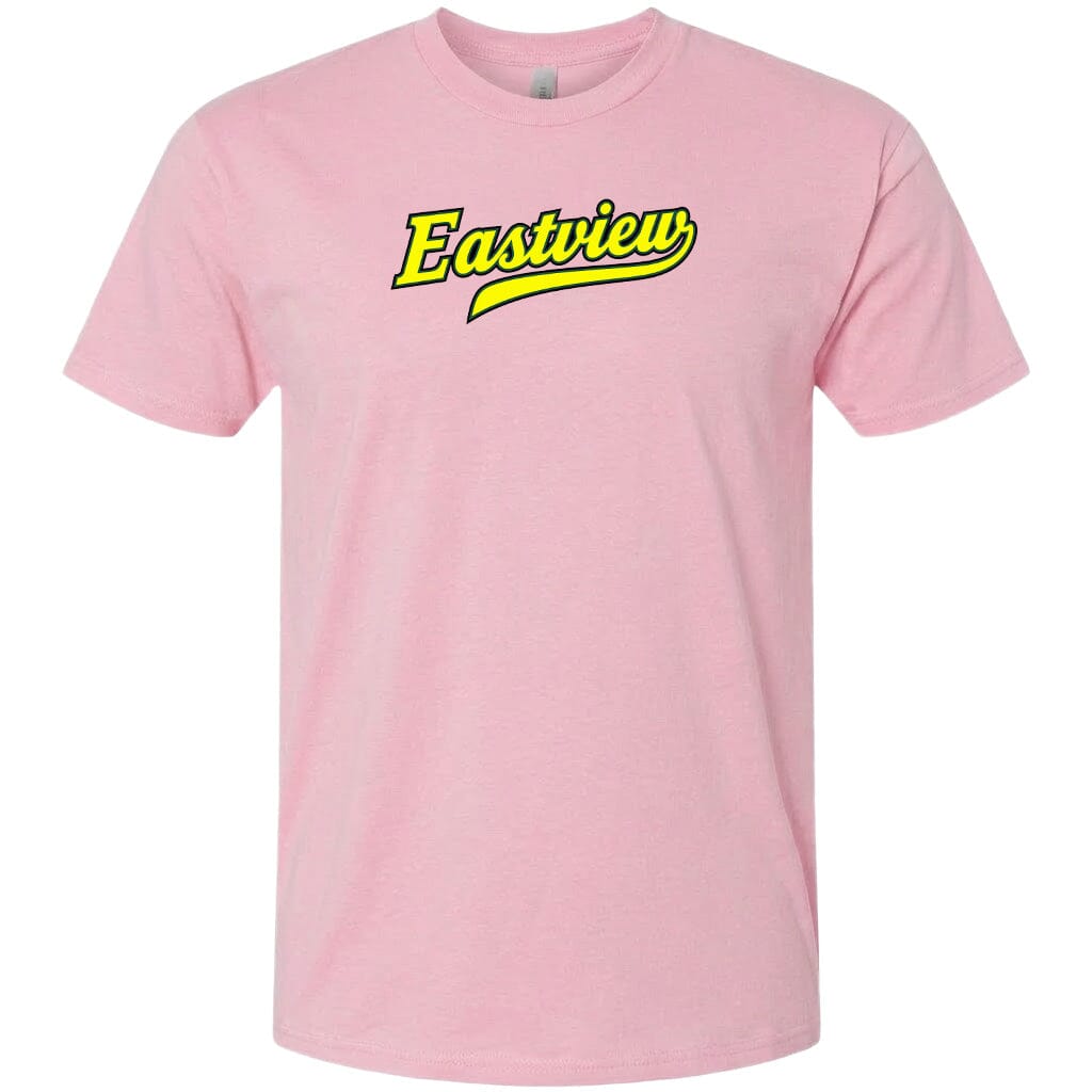 A pink t-shirt with the word "Eastview" printed in yellow on it.