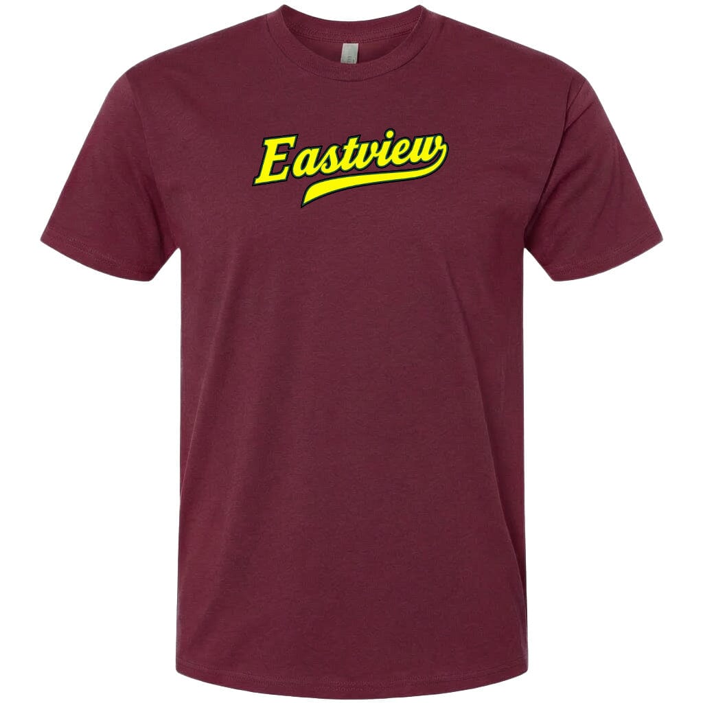 A burgundy-colored t-shirt with the text "Eastview" printed in yellow on the front.