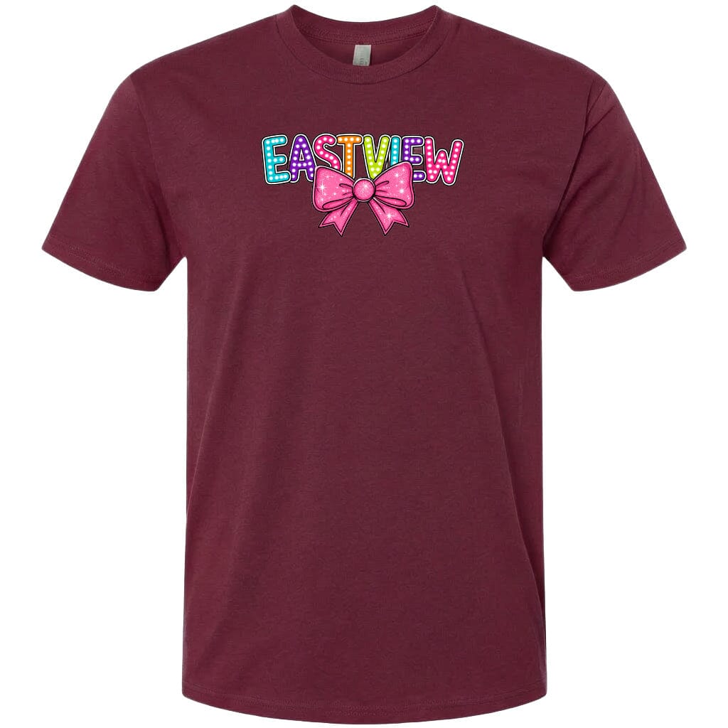 A burgundy-colored t-shirt with a colorful graphic design featuring the word "EASTVIEW" with a bow on the left side.