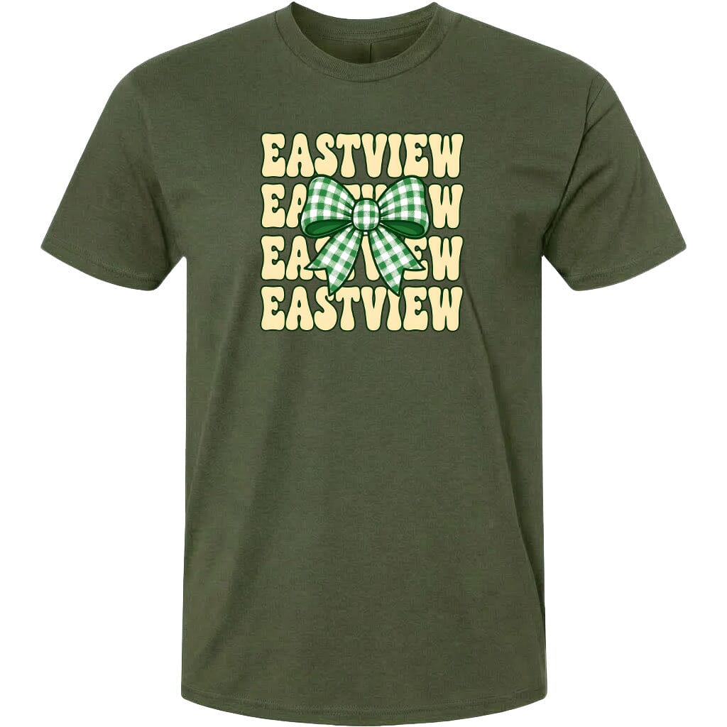 A green t-shirt with a graphic design featuring a green and white checkered bow and the text "EASTVIEW" repeated in a vertical pattern.