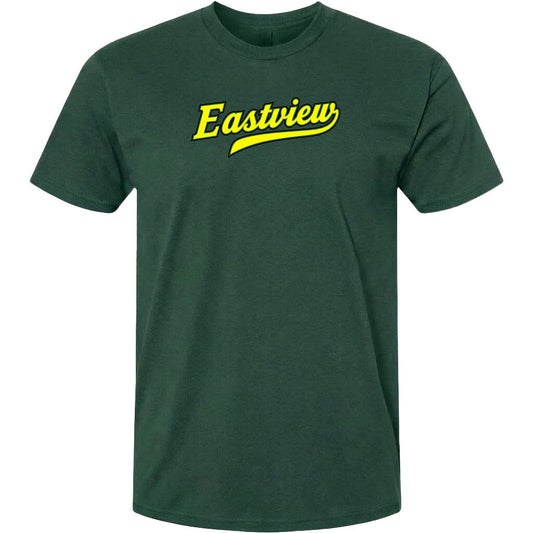 A dark green t-shirt with a yellow text logo that says "Eastview" printed on it.
