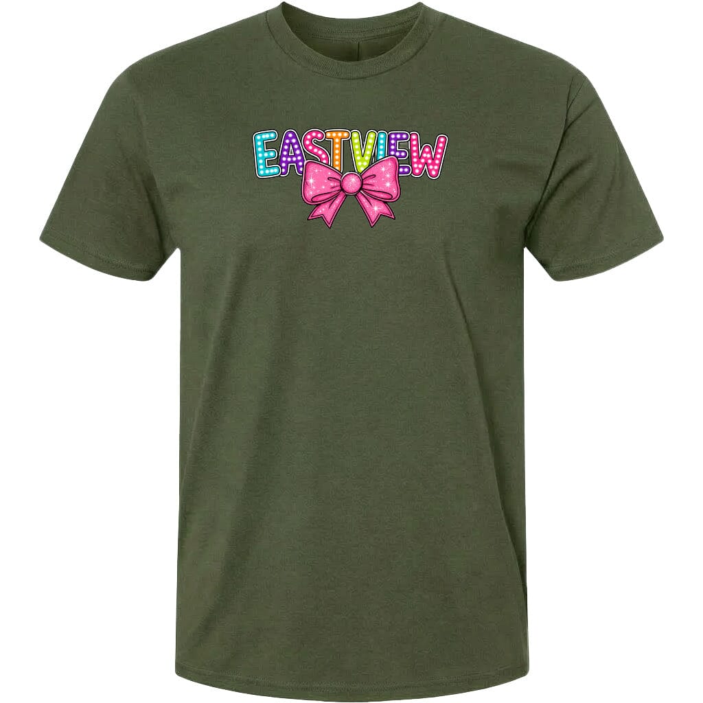 A green t-shirt with a colorful graphic design featuring the word "EASTVIEW" with a bow on the left side.
