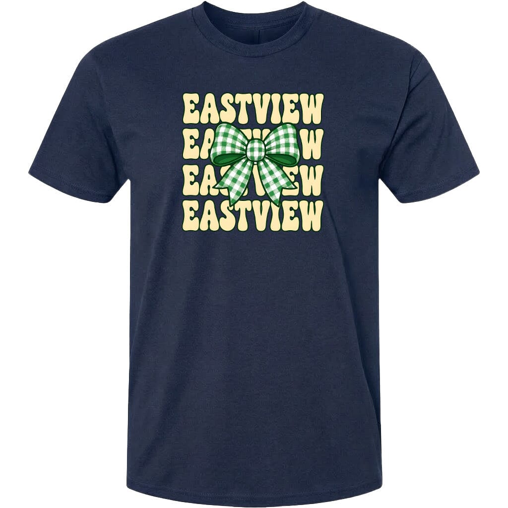 A navy blue t-shirt with a graphic design featuring a green and white checkered bow and the text "EASTVIEW" repeated in a vertical pattern.