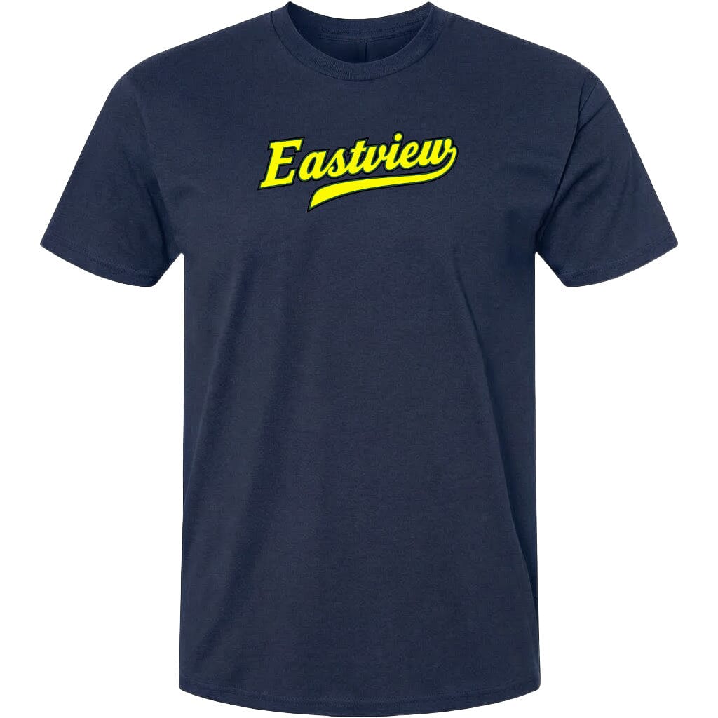 A navy blue t-shirt with the word "Eastview" printed in yellow on the front.