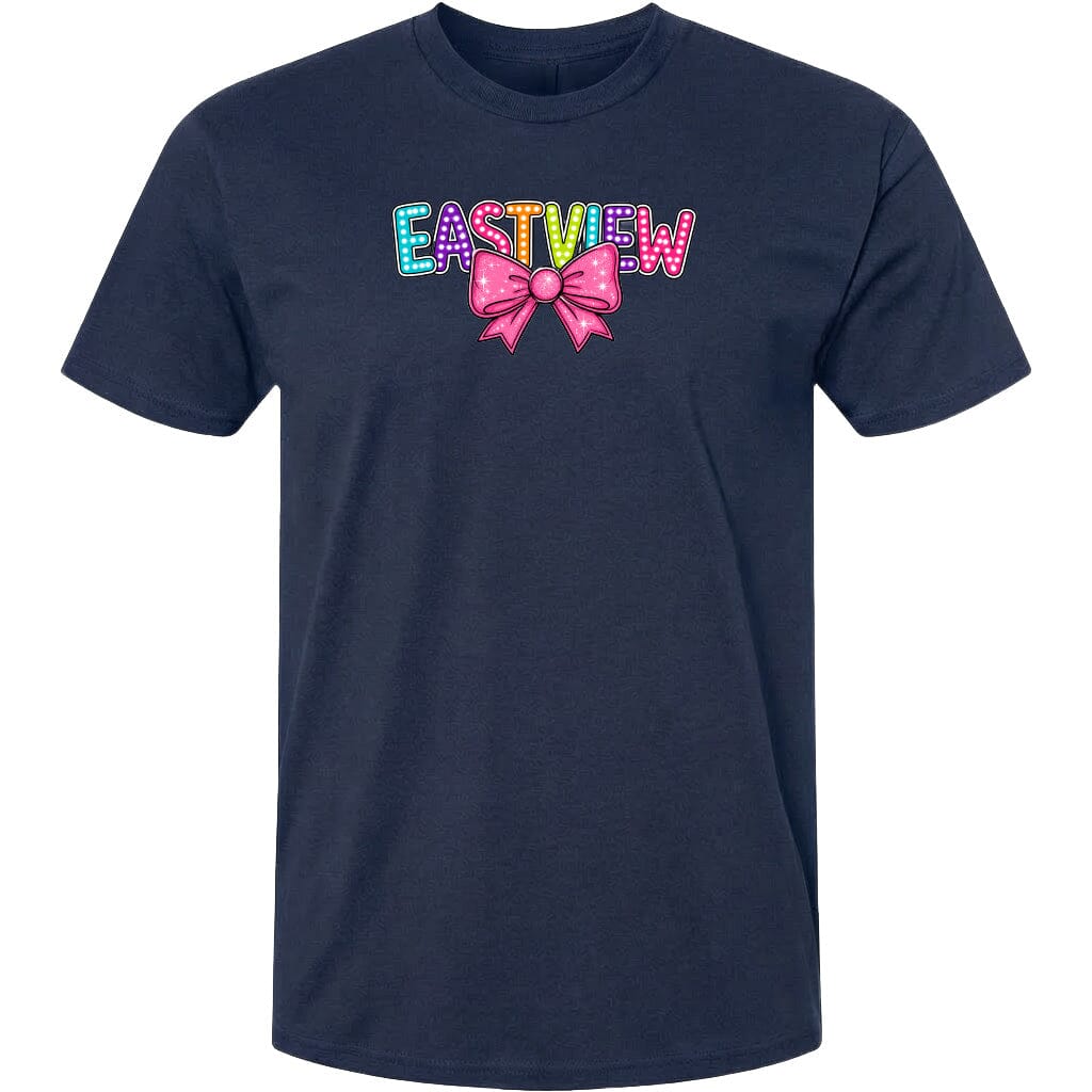 A navy blue t-shirt with a colorful graphic design featuring the word "EASTVIEW" with a bow on the left side.
