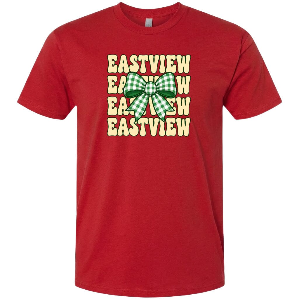 A red t-shirt with a graphic design featuring the word "EASTVIEW" repeated in a vertical pattern, with a green and white checkered bow in the center.