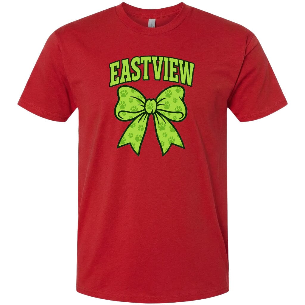 A red t-shirt with a green bow and the text "EASTVIEW" printed on it.