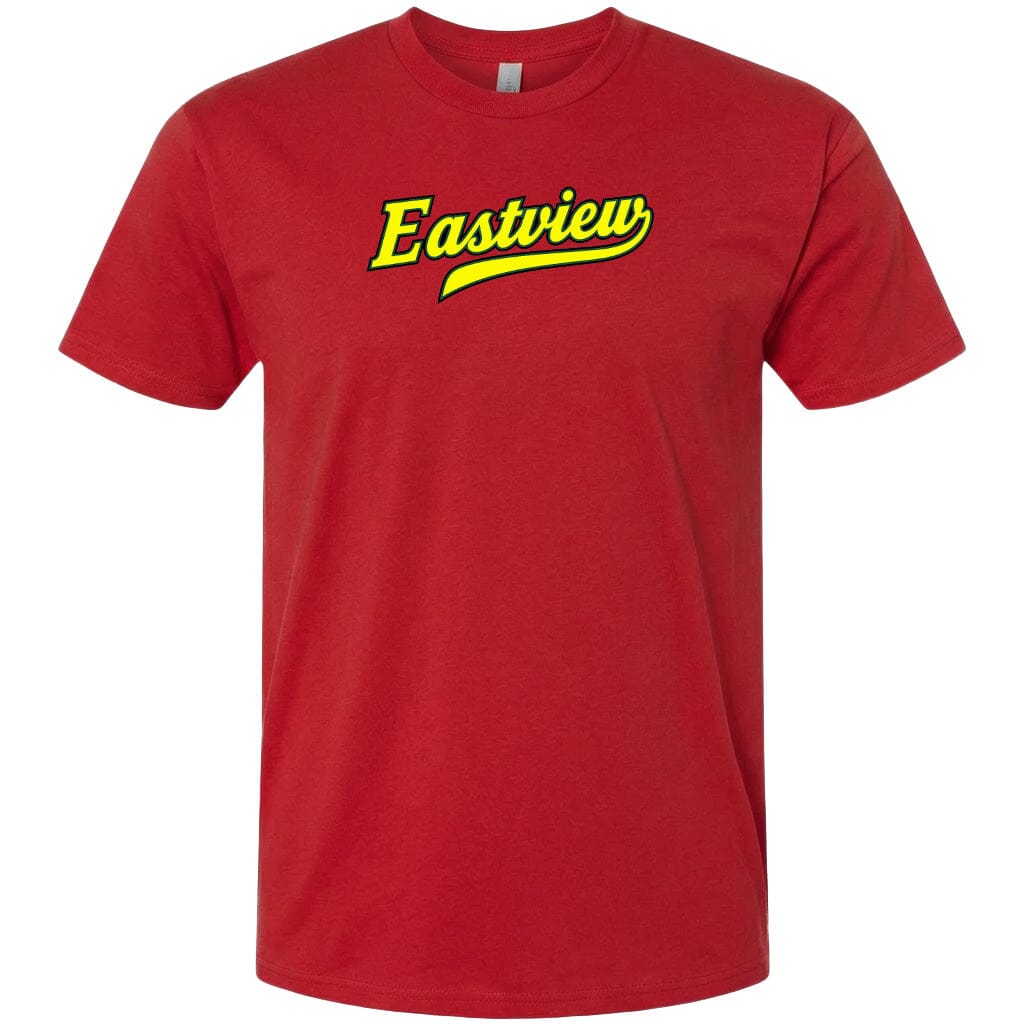 A red t-shirt with the word "Eastview" printed on it in yellow text.