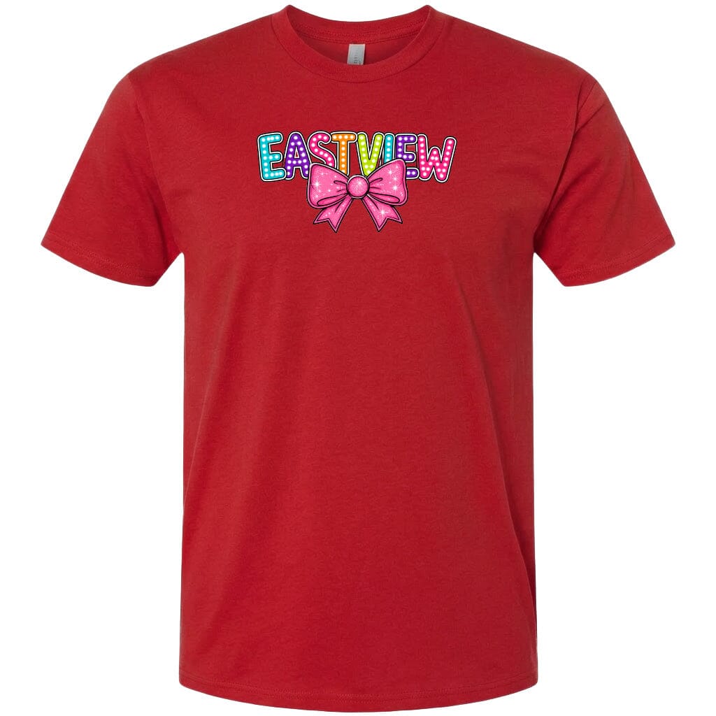 A red t-shirt with the word "EASTVIEW" and a bow graphic printed on it.