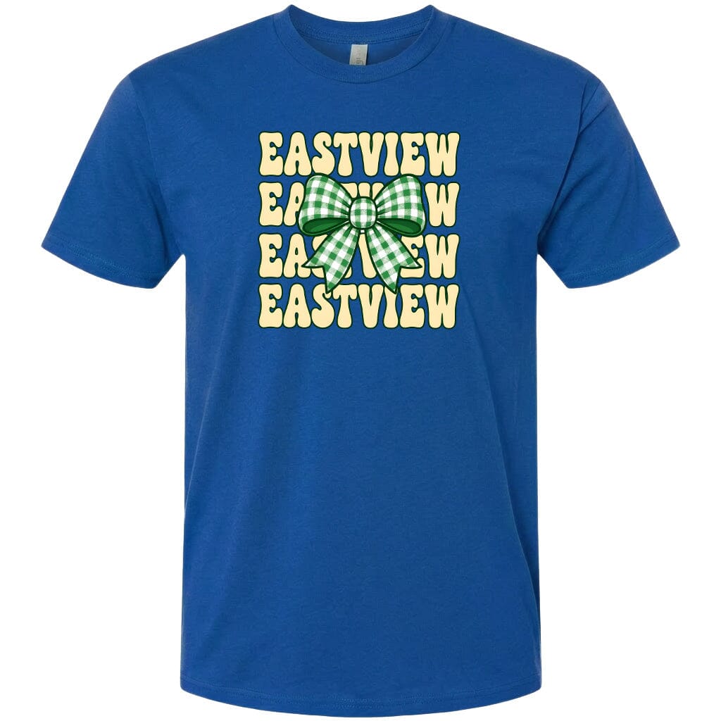 A blue t-shirt with a graphic design featuring a green and white bow.