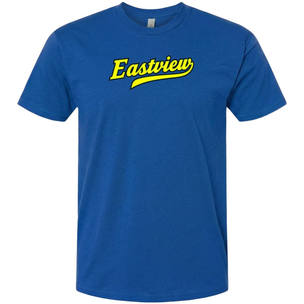 A blue t-shirt with the word "Eastview" printed in yellow on it.