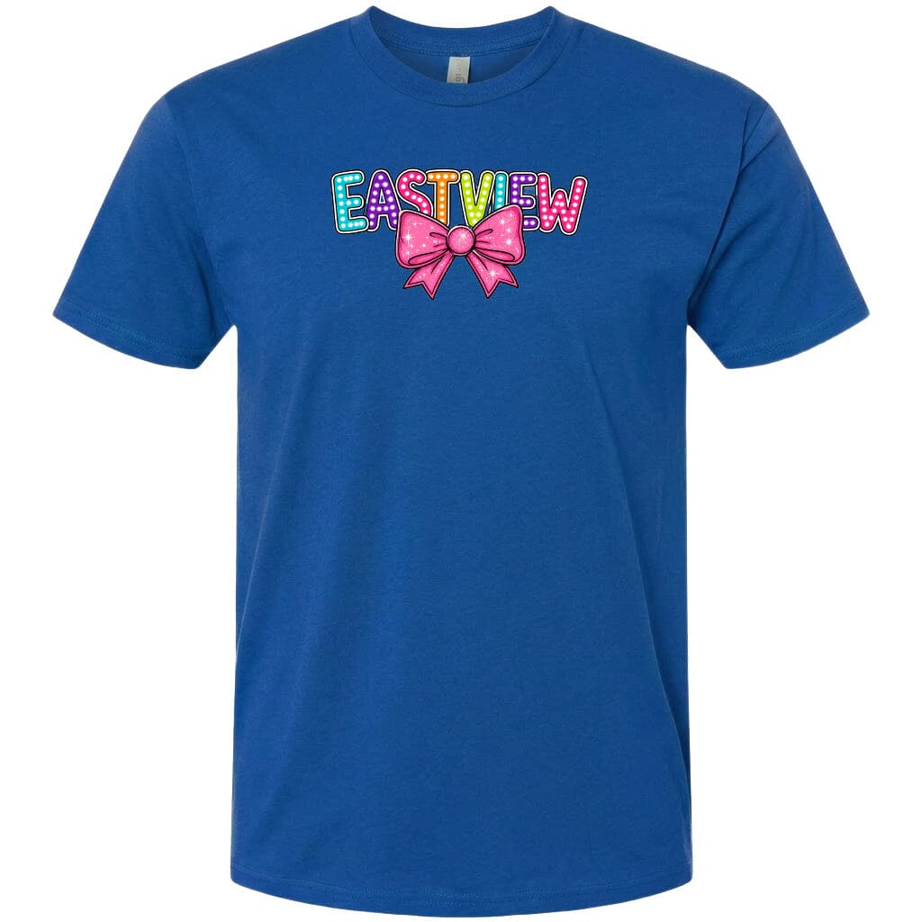 A blue t-shirt with the word "EASTVIEW" and a bow graphic printed on it.
