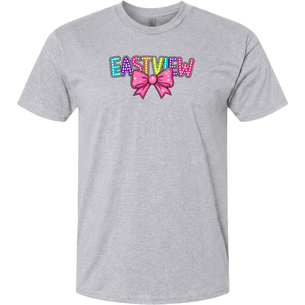 A gray t-shirt with a colorful graphic design featuring the word "EASTVIEW" with a bow on the left side.