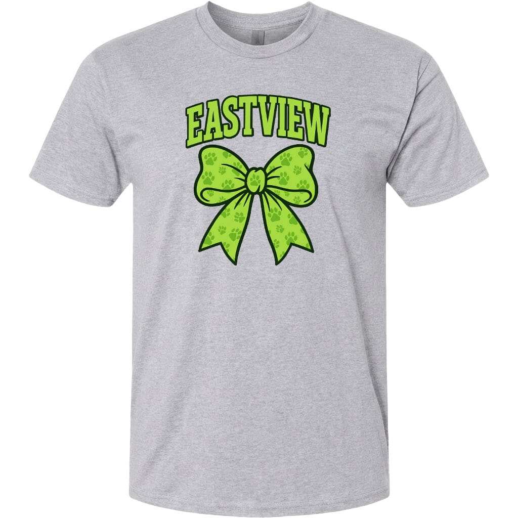 A gray t-shirt with a green bow and the text "EASTVIEW" printed on it.