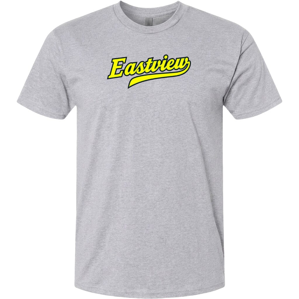 A gray t-shirt with the text "Eastview" printed in yellow on the front.