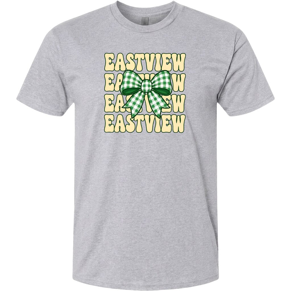 A gray t-shirt with a graphic design featuring a green and white checkered bow and the word "EASTVIEW" repeated in a vertical pattern.