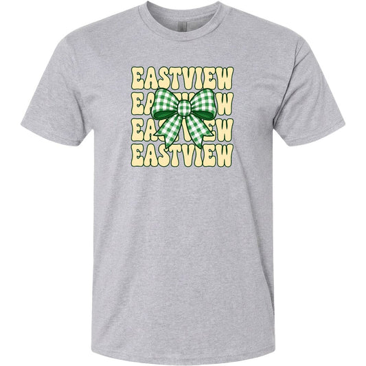 A gray t-shirt with a graphic design featuring a green and white checkered bow and the word "EASTVIEW" repeated in a vertical pattern.