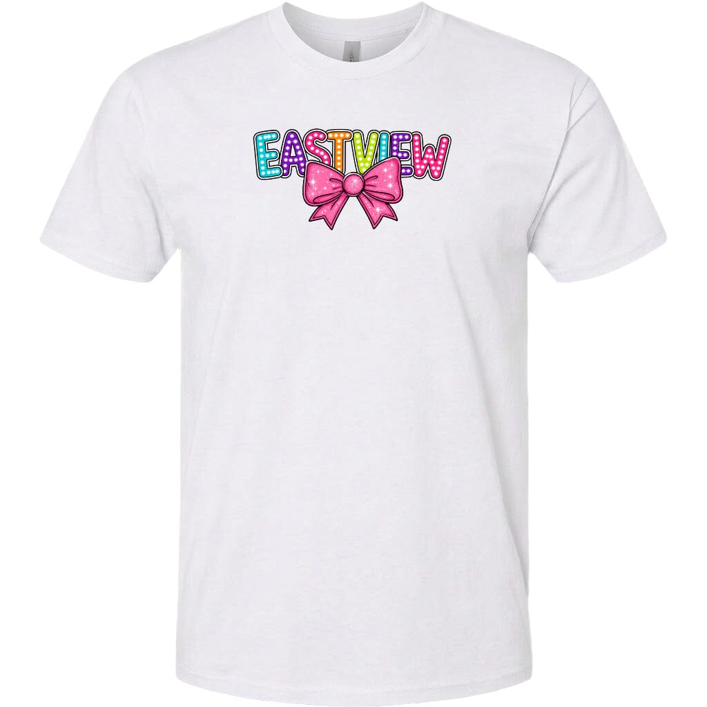 A white t-shirt with a colorful graphic design featuring the word "EASTVIEW" with a bow on the left side.