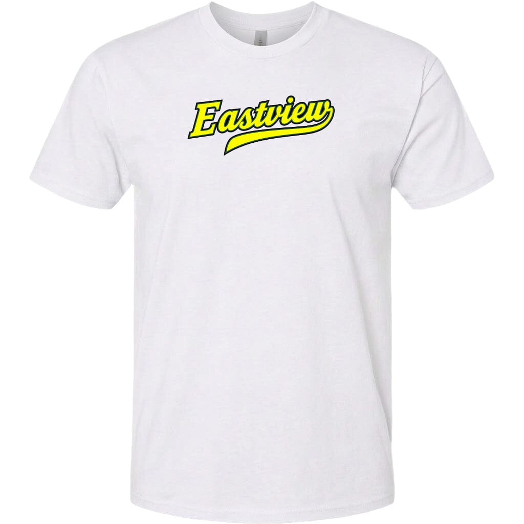 A white t-shirt with the text "Eastview" printed in yellow on the front.