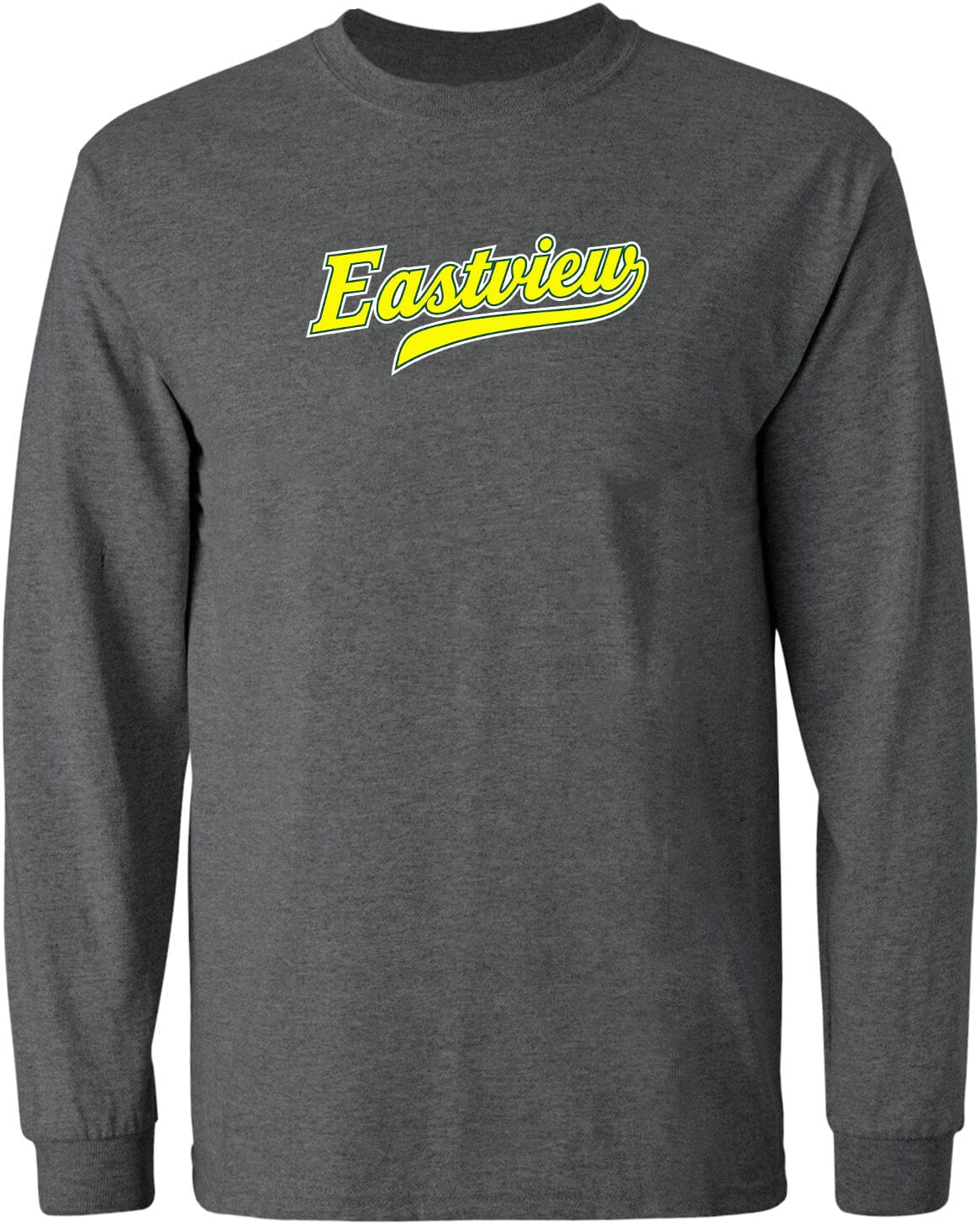 A gray long-sleeved shirt with the word "Eastview" printed in yellow on the front.