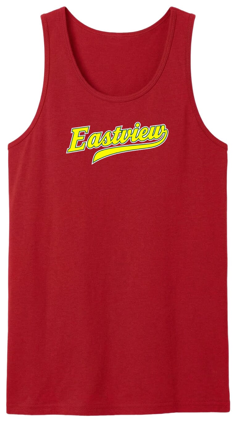 A red tank top with the word "Eastview" printed on it in yellow text.