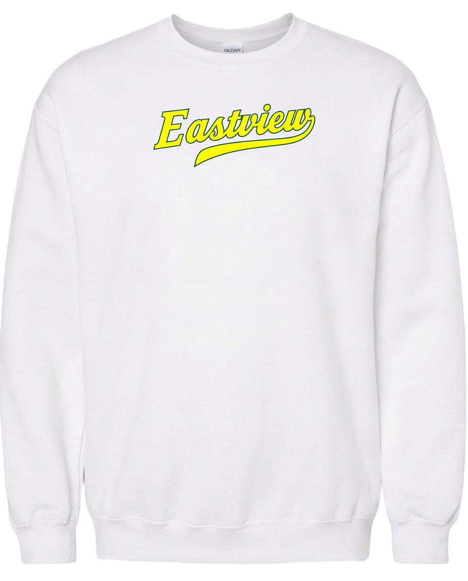 A white sweatshirt with the word "Eastview" printed in yellow on the front.