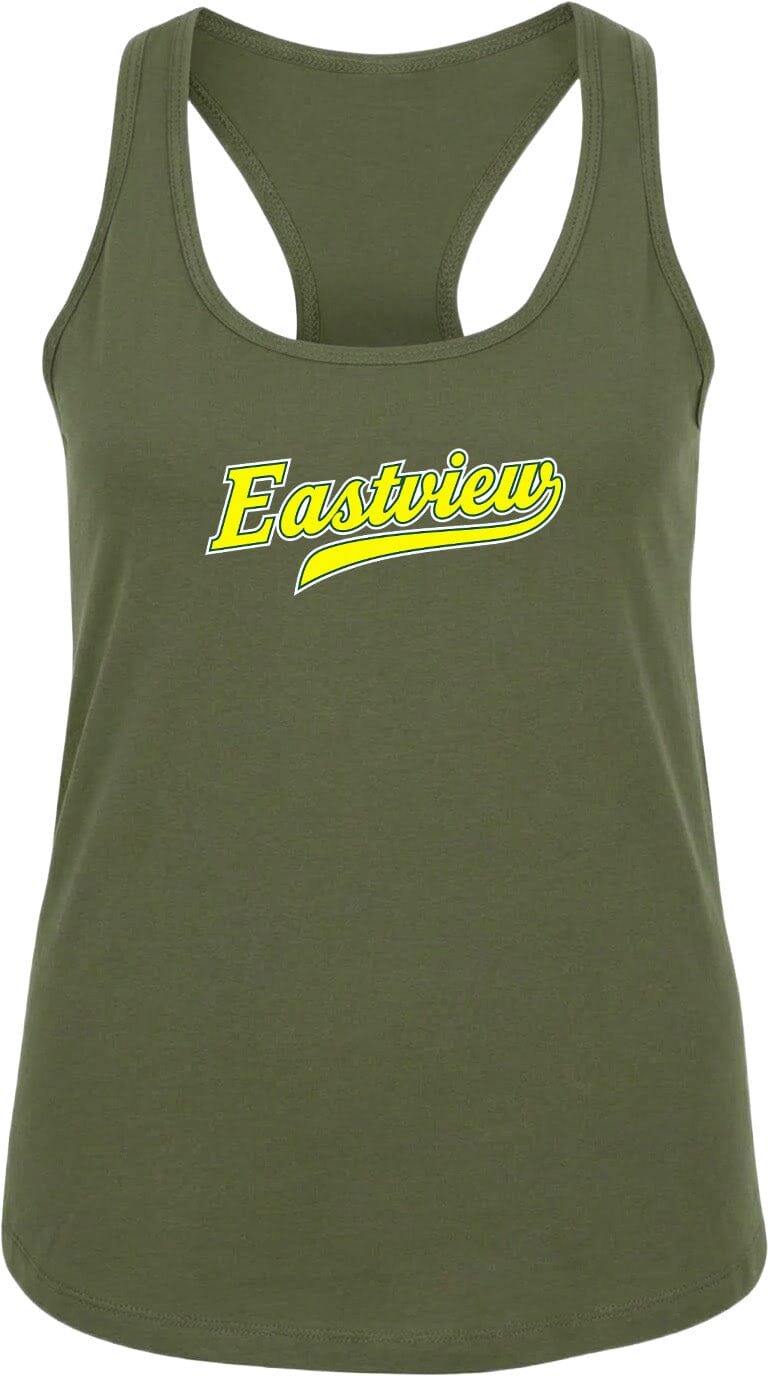 A green tank top with the word "Eastview" printed in yellow on it.