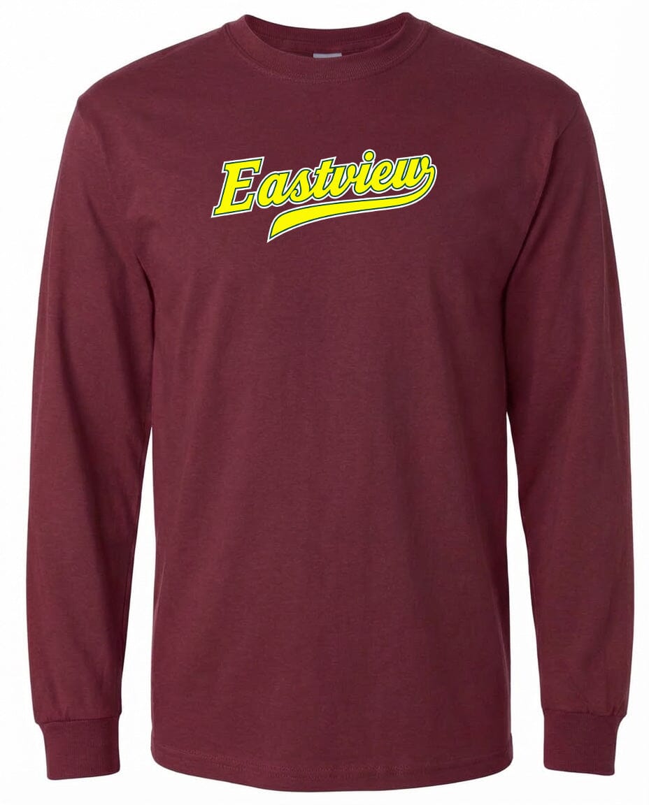 A burgundy long-sleeved t-shirt with the word "Eastview" printed in yellow on the front.