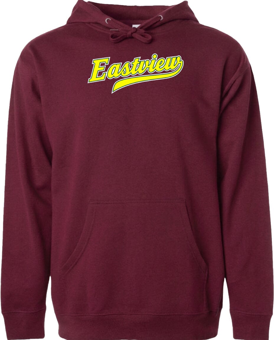 A burgundy-colored hoodie with a yellow logo on the front.