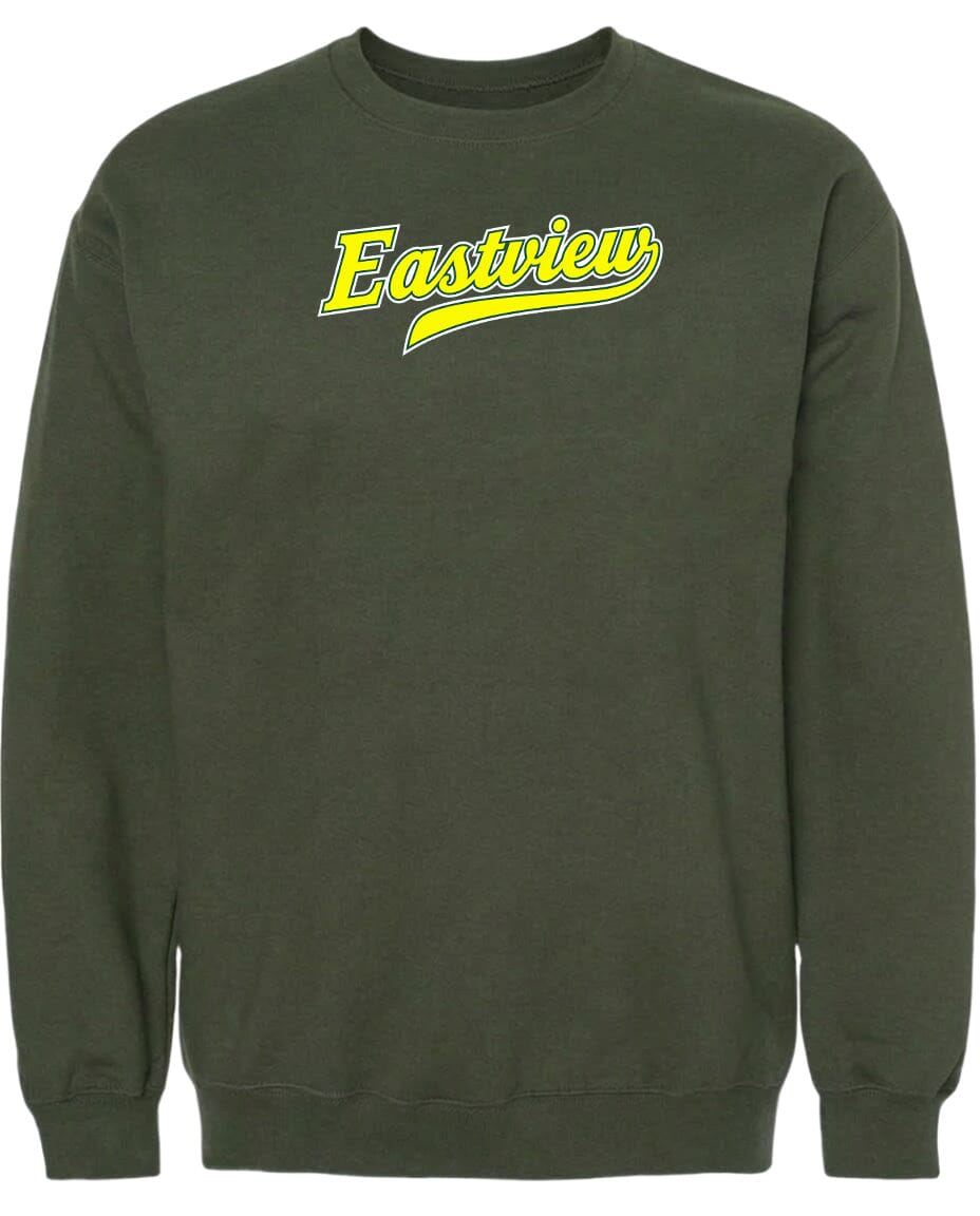 A dark green sweatshirt with a yellow text logo on the front.