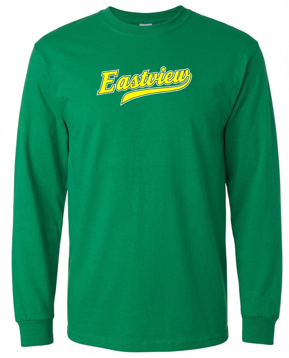 A long-sleeved green t-shirt with the word "Eastview" printed on it in yellow lettering.