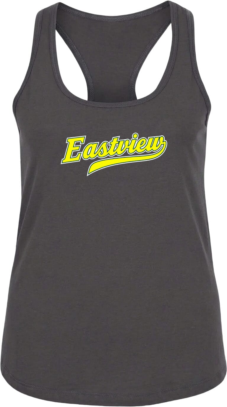 A gray tank top with the word "Eastview" printed in yellow on the front.