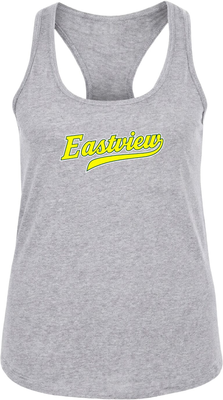A gray tank top with the word "Eastview" printed in yellow on the front.