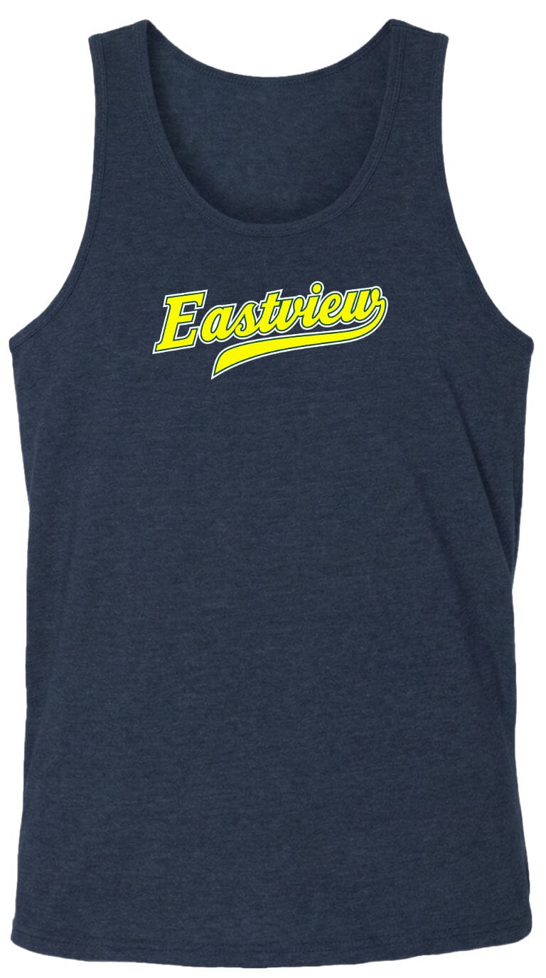 A navy blue tank top with the word "Eastview" printed in yellow on the front.