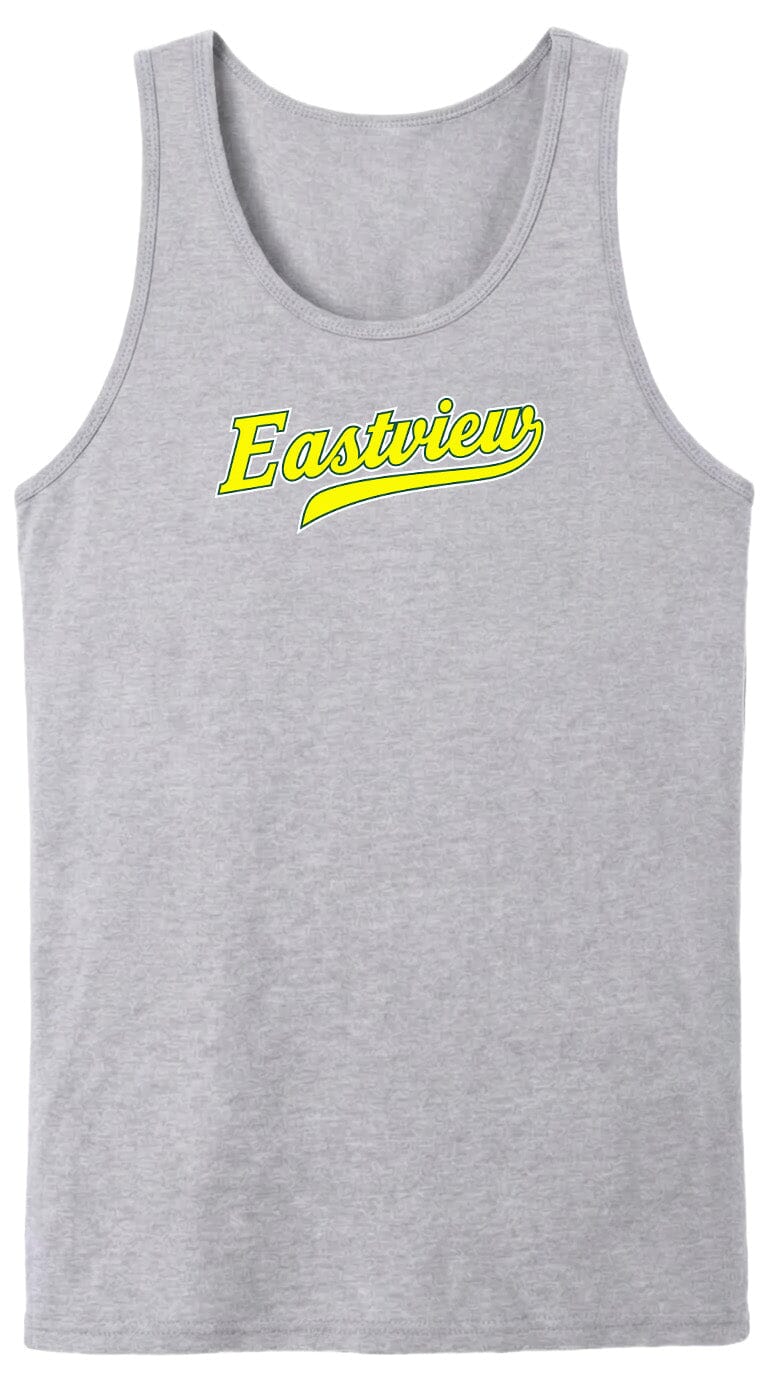 A gray tank top with the word "Eastview" printed in yellow on the front.