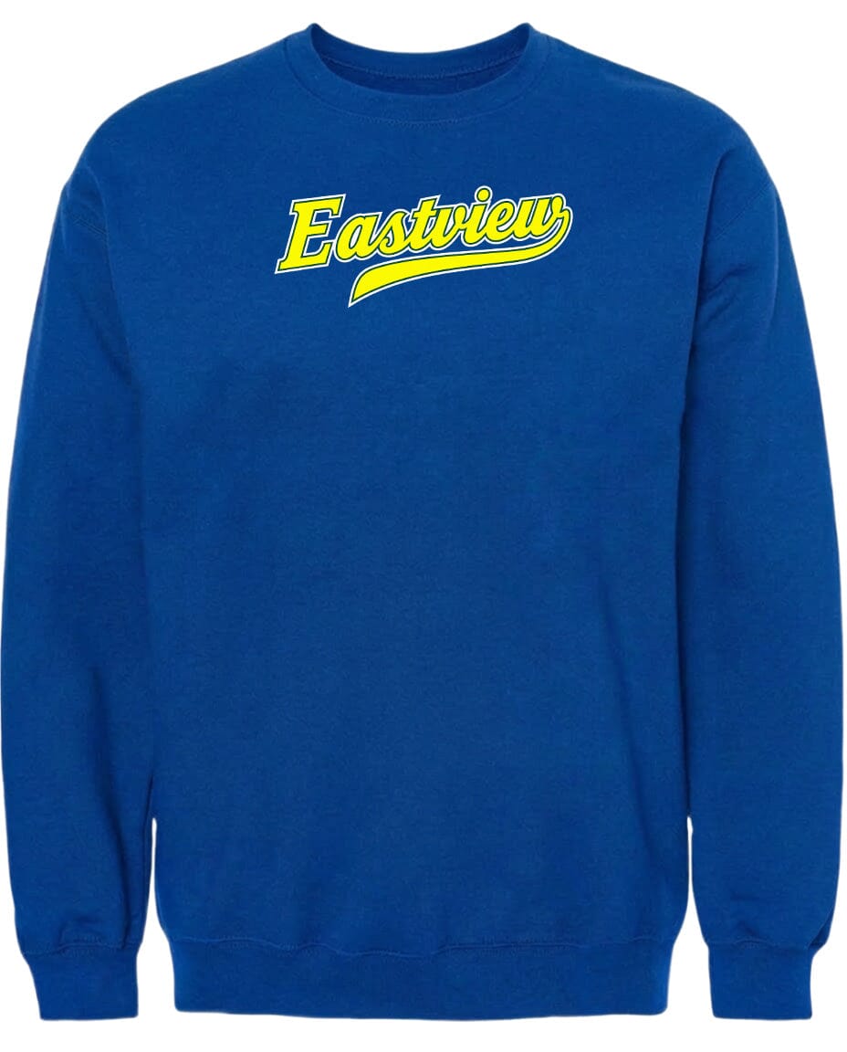 A blue sweatshirt with the word "Eastview" printed in yellow on the front.