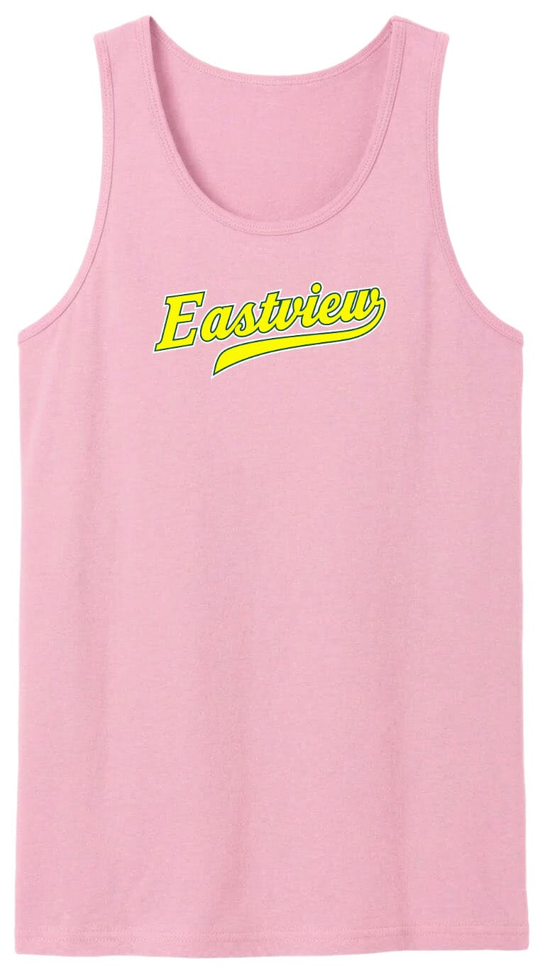 A pink tank top with the word "Eastview" printed in yellow on it.