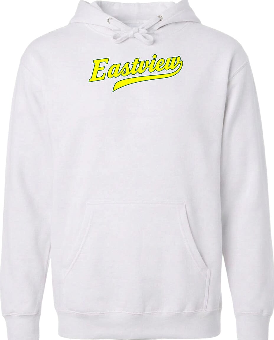A white hoodie with the word "Eastview" printed in yellow on the front.