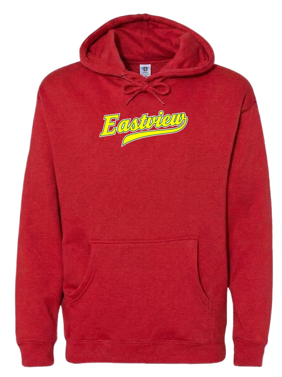 A red hoodie with the word "Eastview" printed on it in yellow.