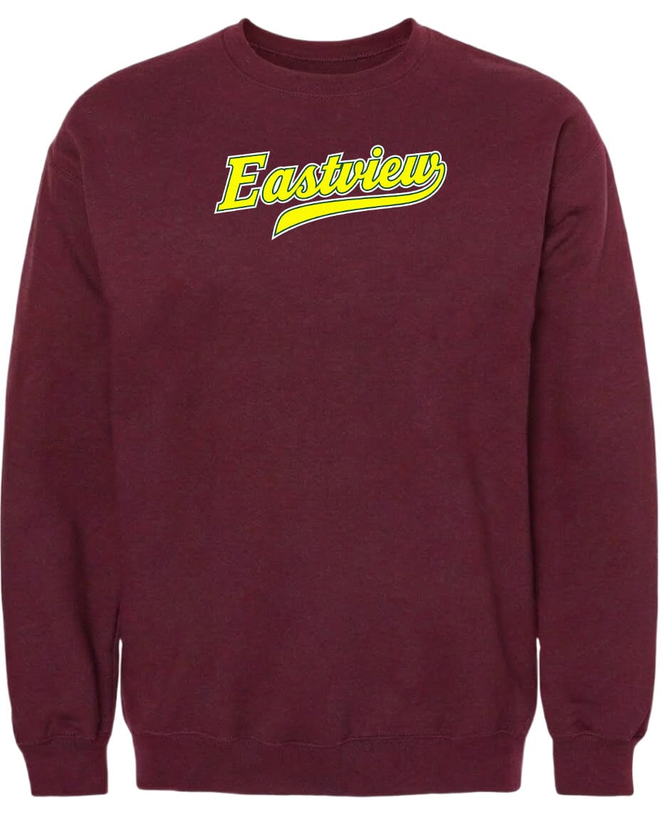 A burgundy-colored sweatshirt with the word "Eastview" printed in yellow on the front.