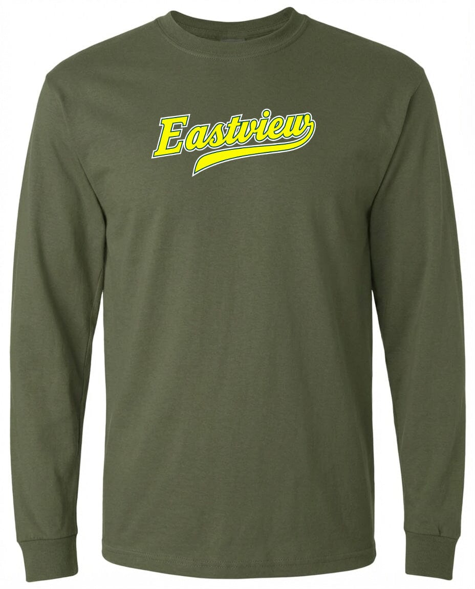A long-sleeved olive green t-shirt with the word "Eastview" printed in yellow on the front.