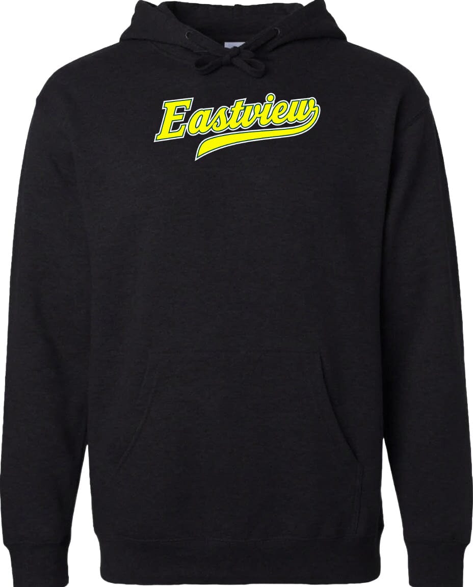 A black hoodie with a yellow text logo on the front.