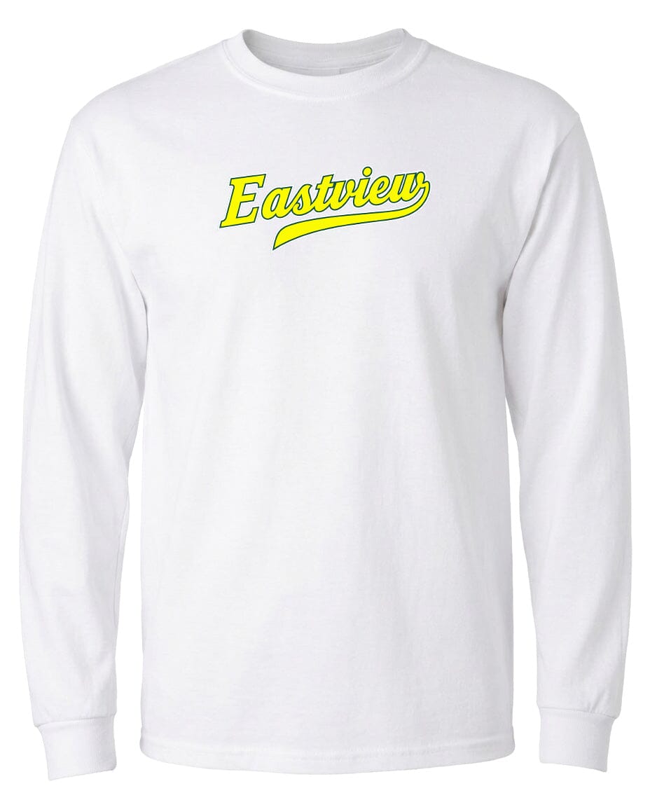 A white long-sleeved t-shirt with the text "Eastview" printed in yellow on the front.