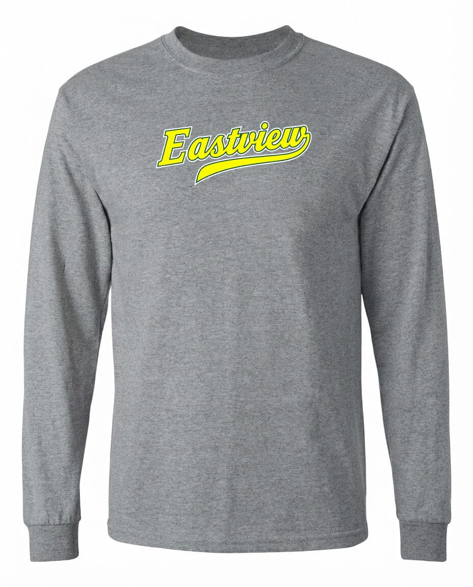 A gray long-sleeved t-shirt with the word "Eastview" printed in yellow on the front.