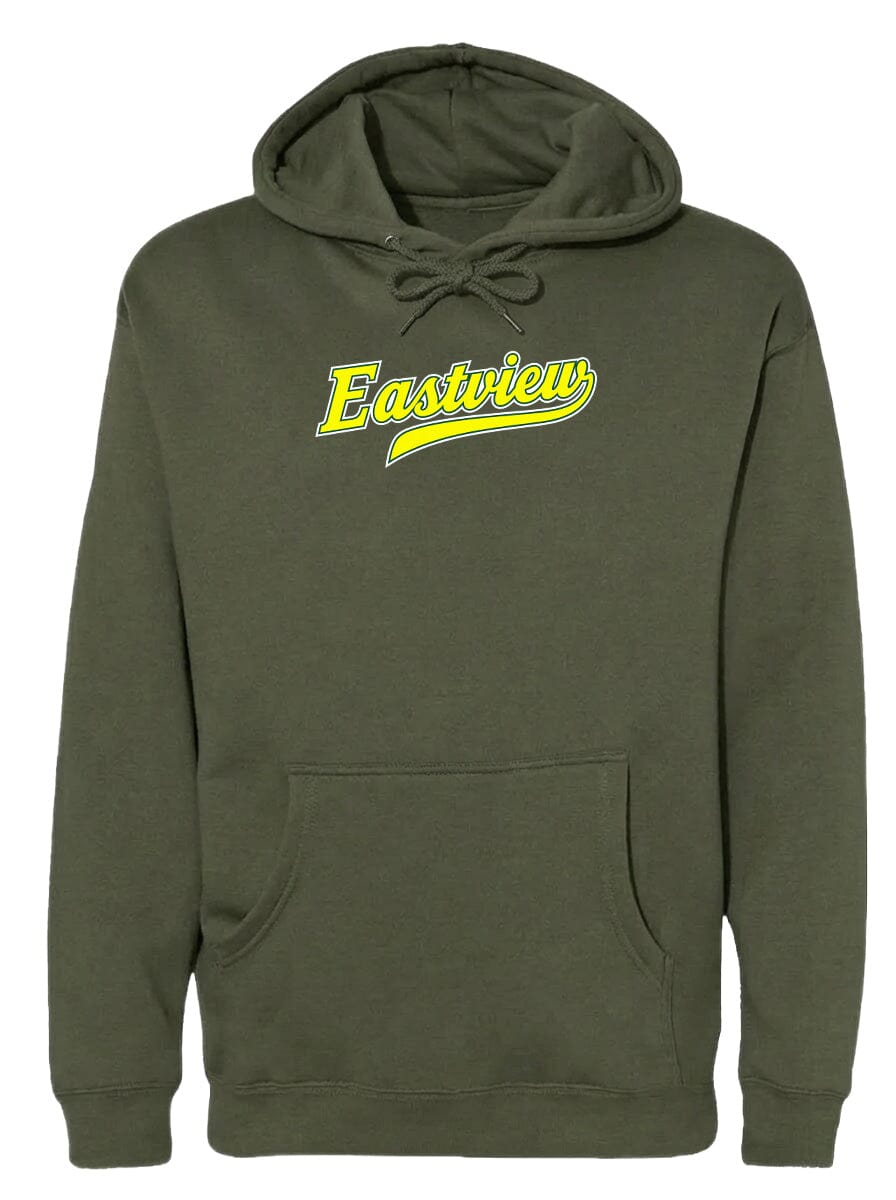 A dark green hoodie with a yellow logo on the front.