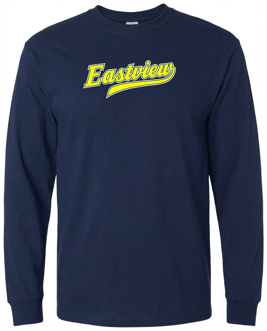 A navy blue long-sleeved shirt with the word "Eastview" printed in yellow on the front.