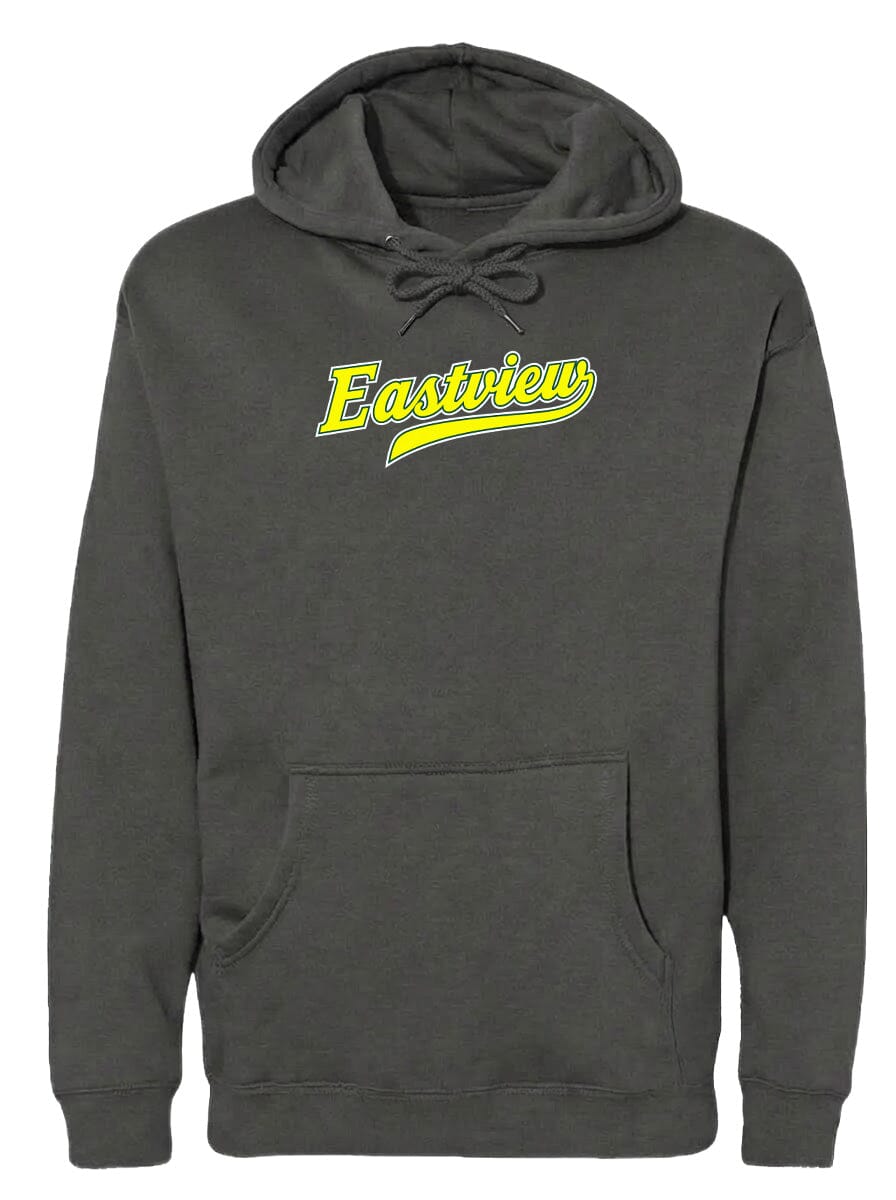A gray hoodie with the word "Eastview" printed in yellow on the front.