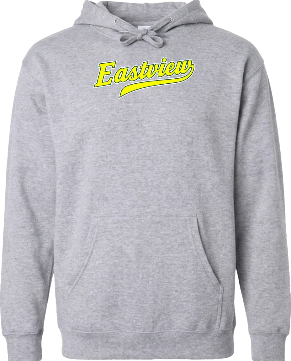A gray hoodie with a yellow text logo on the front.