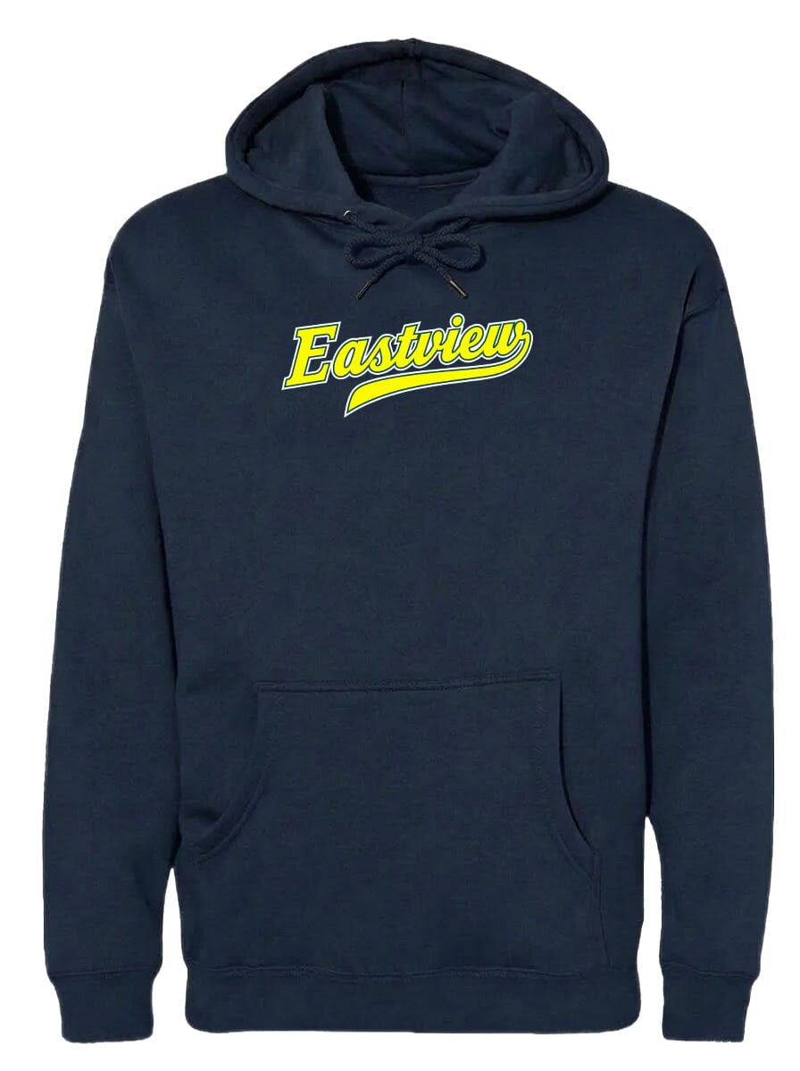 A navy blue hoodie with the word "Eastview" printed in yellow on the front.