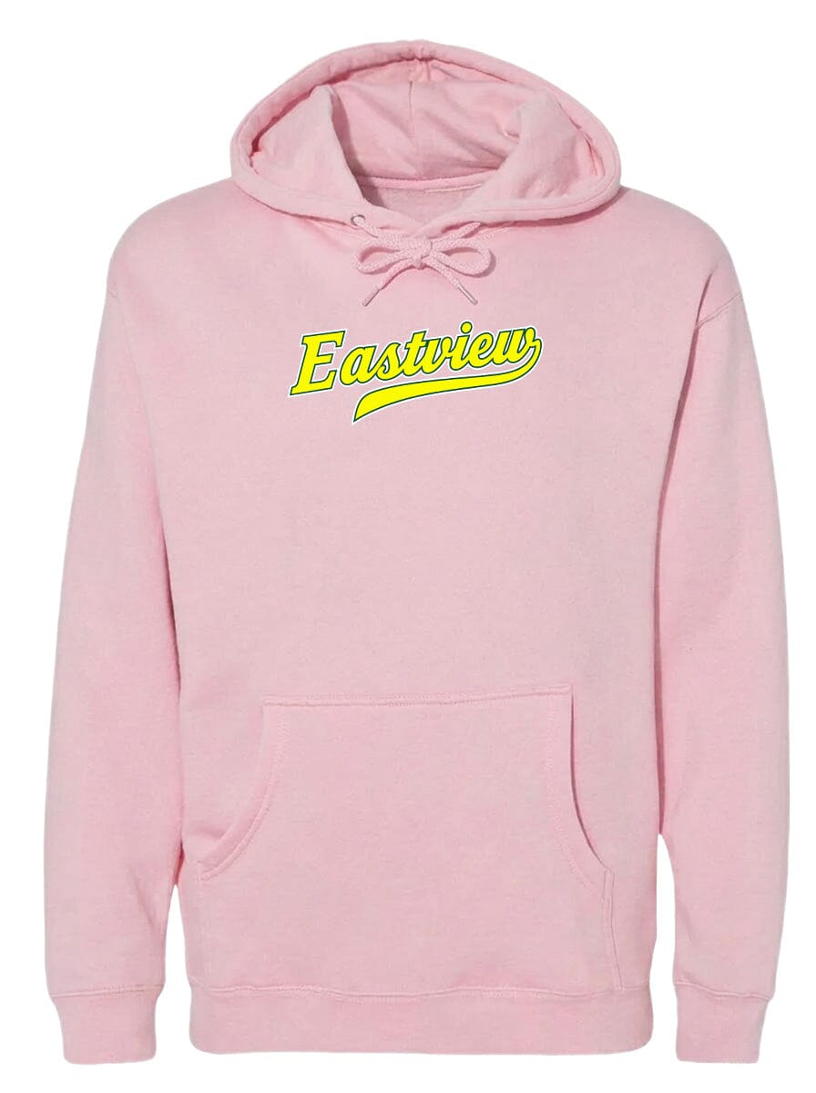 A pink hoodie with the word "Eastview" printed on it in yellow.
